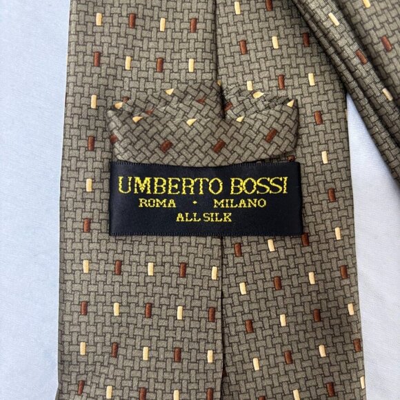 UMBERTO Bossi All Silk Tie Italy Green Brown Cream - Picture 2 of 3
